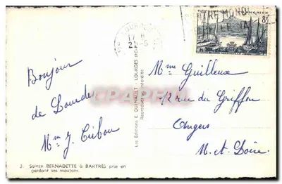 Święta Bernadetta w Lourdes — modli się, trzymając owce — Éditions E. Quinault — Rewers