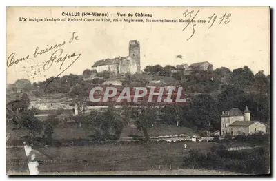 Bilhete postal antigo Chalus Hte Vienne Vista do Castelo