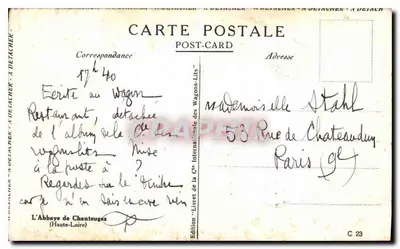 A Abadia de Chanteuges — Alto Loire — Edição 'Livre de la Cie Internationale des Wagons-Lits' C 23 — Verso