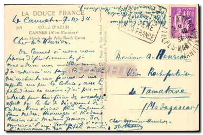 Cannes — Hotele widok z Palm Beach Casino — Wydawca La Douce France, nr 369 — Rewers