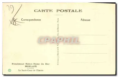 Estátua do Sagrado Coração — Pensionato Notre-Dame du Mur, Morlaix — Edições J. David e E. Vallet, Paris — Verso