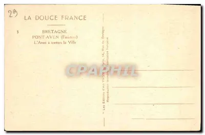 Pont-Aven (Finistère) — Vista de la ciudad con iglesia y canal — Ediciones d'Art Yvon, París — Reverso