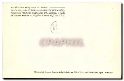 Abadia de Nieul-sur-l'Autize — claustro romano e igreja com três naves do século XI — Edições d'Arte Raymond Bergevin — Verso