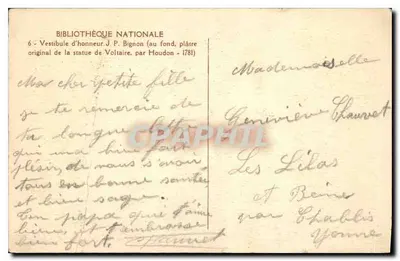Vestibolo d'onore J. P. Bignon — Biblioteca nazionale — statua originale di Voltaire di Houdon (1781) — Verso
