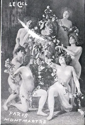 Tema mitológico — dançarinas nuas ao redor de um touro decorado — editor Le Ciel, Paris Montmartre
