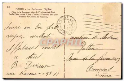 Paryż - Sorbonna, kościół — Plac Sorbonny, figura Augusta Comte'a, grobowiec Kardynała Richelieua — wydawca MONA, nr 98 — Rewers