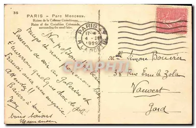 Ruínas da Coluna Corintha — Parc Monceau — editor Mona, n°35 — Verso