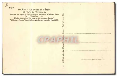 Paryż — Arc de Triomphe — Place de l'Étoile — wydawca MONA, n°1/27 — Rewers