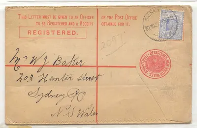 Australia New South WAles envelope registrado 1907 Raro (australia carta postal registrada)