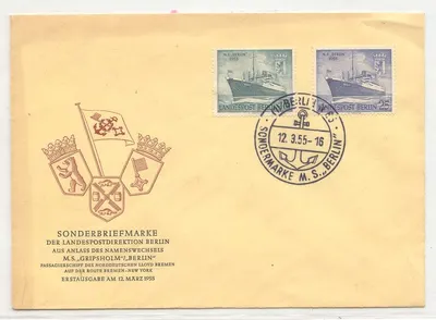 Alemanha Mi 126-7 em FDC voer 1er jour Navios barcos 1955 (carta Alemanha envelope)