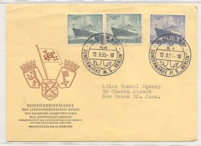 Alemanha FDC com cancelamento especial 113-4 Navios Bateaux Alemanha 12 3 1955