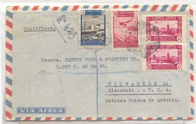 Komercyjna koperta pocztowa z lotnictwa zarejestrowana Hiszpania Maroko 1952