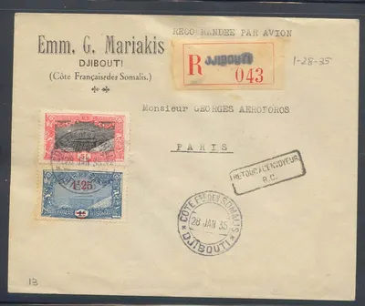 Cote dos Somalis Vol Djibouti França do 28 1 1935 (flight carta)