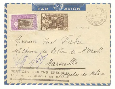 Cote dos Somalis 28 NOV 41 + grife Serviços Aéreos Especiais durante o bloqueio (voo flight) Raro