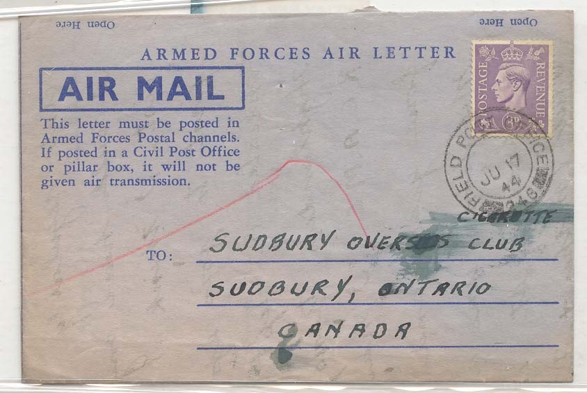Canada Canadian forces 1944 Luitley England Field Post Office 248 (cover aerogram aerogramme)