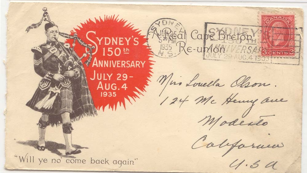 Canada 1935 illustrated cover with promotional for Sydney 150the anniversary Bigpipes slogan (cover lettre 1er vol)
