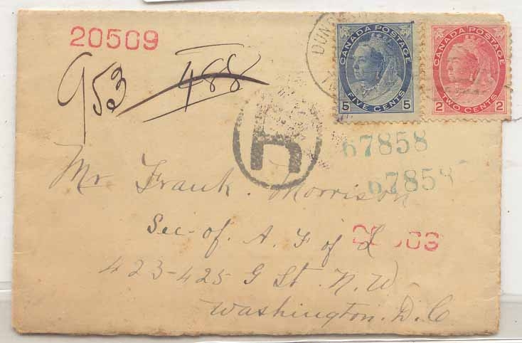 Canada 1900 registered to US (cover lettre)