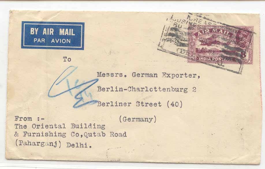 India FB1 1933 air mail stationary to Germany (entier postal stationary inde)