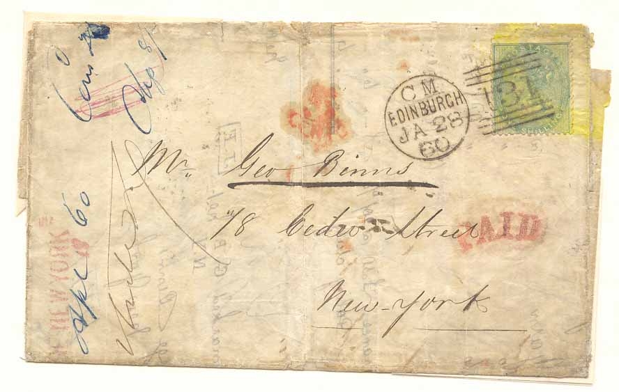 Great Britain 1860 invoice Scotland to New York with Paid 5 cents US and rare yellow ring cancel (lettre cover)