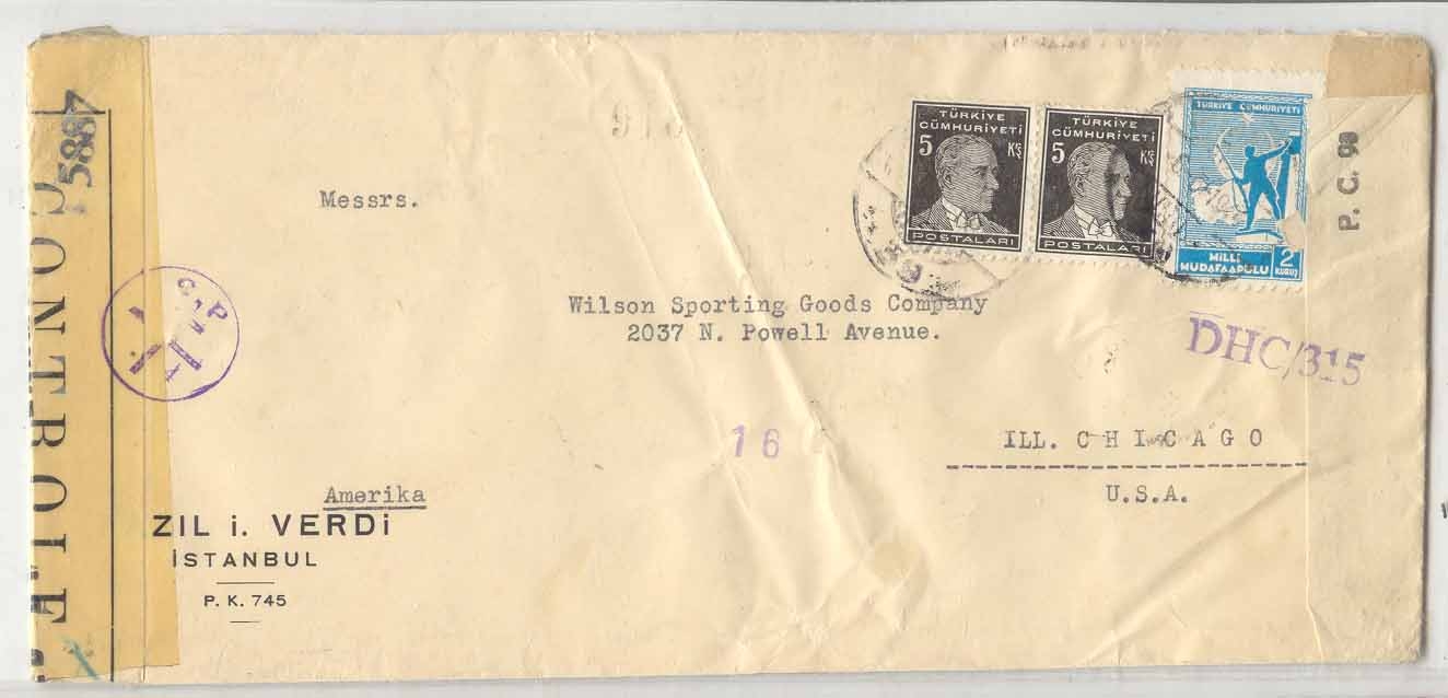 1944 Turkey multi censor French Levant Bombay and US received in Chicao nearly 3 months later by ship (cover lettre)