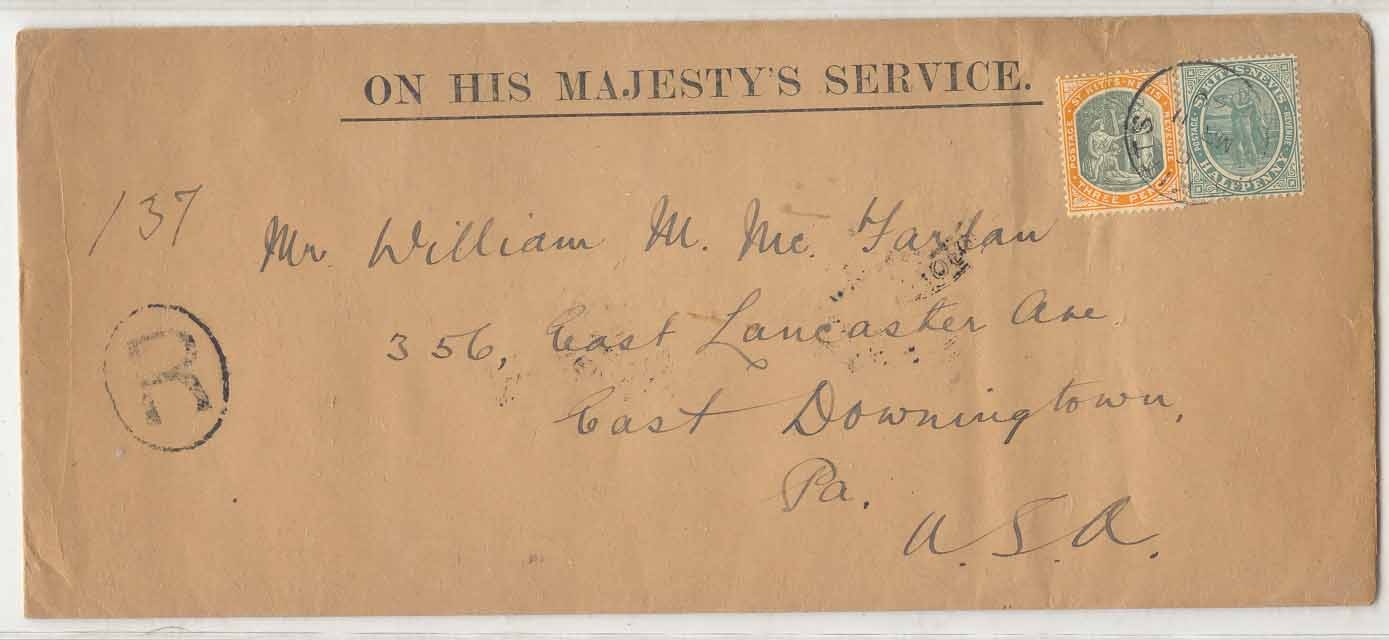 Saint Kitts & Nevis 1920 registered to US (lettre cover)