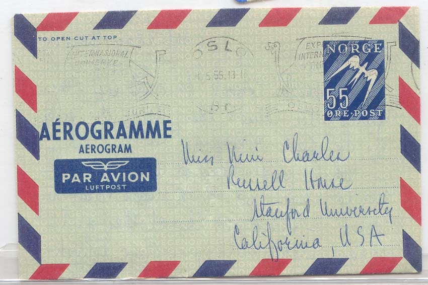 Norway Aerogram aerogramme used in 1955 (Norge Norveg statiionary entier postal)