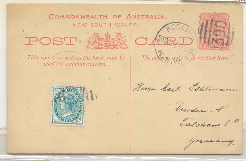 Australia New South WAles 1908 with added stamp to Dresden from Kogarah Scarce (stationary entier)