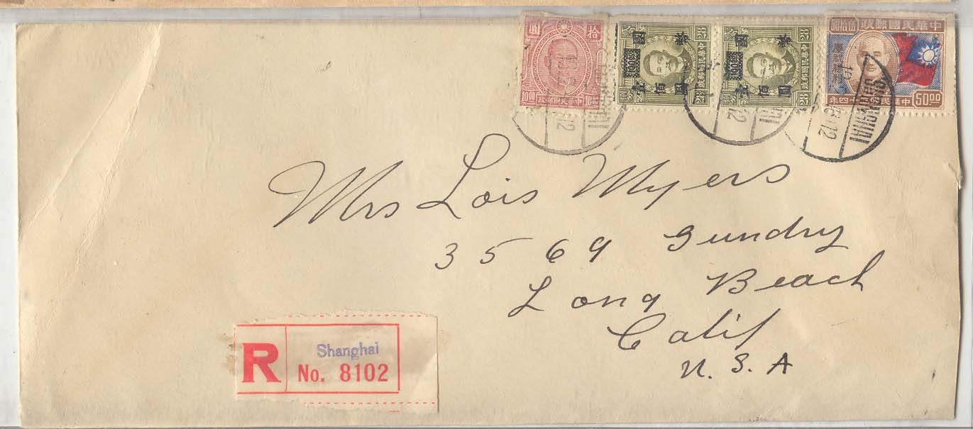 China registered Feb 46 Shanghai to US from USS Calamares Inflation period (lettre Chine)