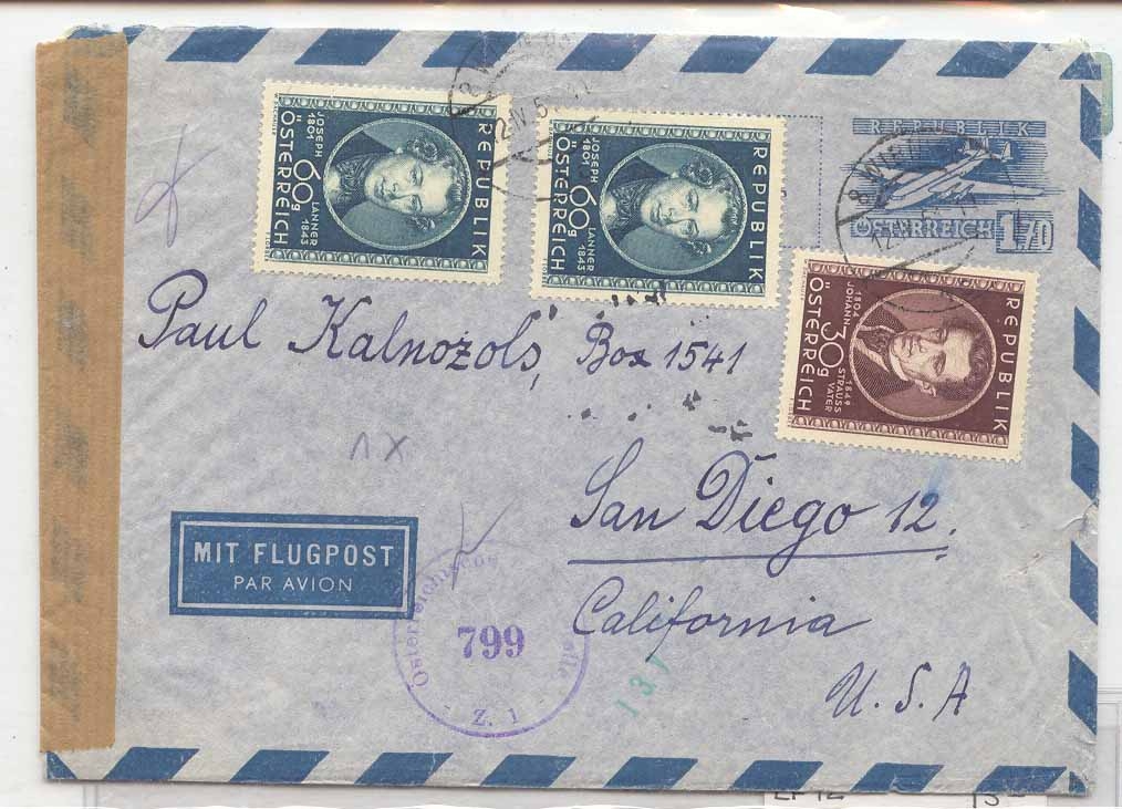 Austria 1951 civil censor LU 3 Air letter stamps added aerogram aerogramme (osterreich stationary entier autriche)