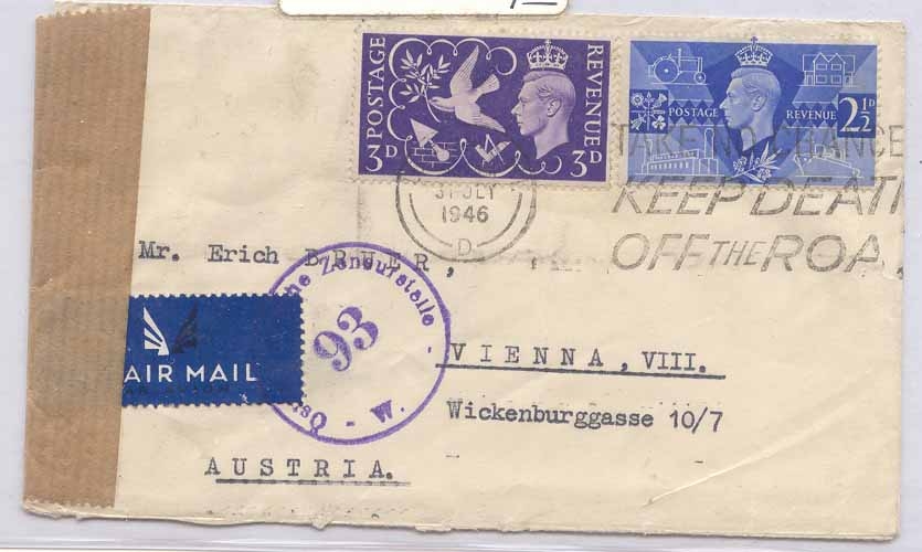 Austria civil censor on incoming mail from Great Britain 1946 (osterreich lettre autriche)