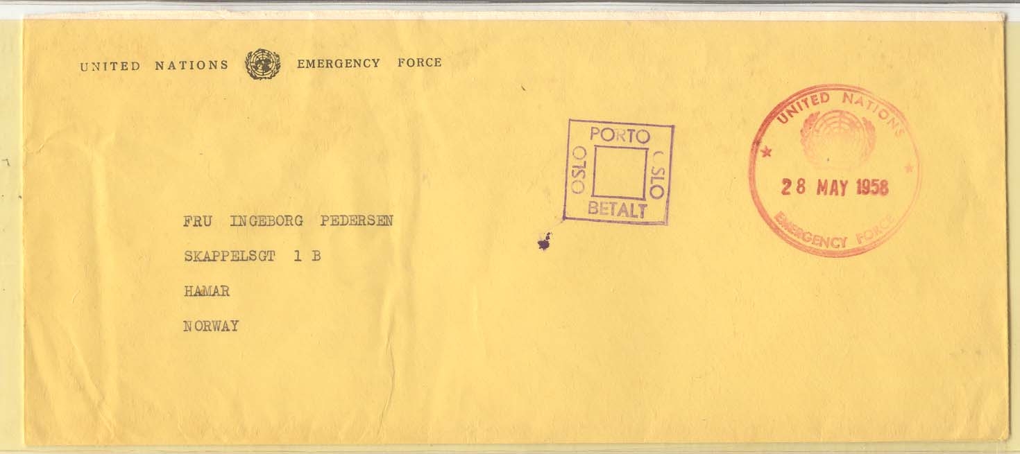 United Nations Emergency Forces 1958 Norway batalion cover (lettre Nations Unies)