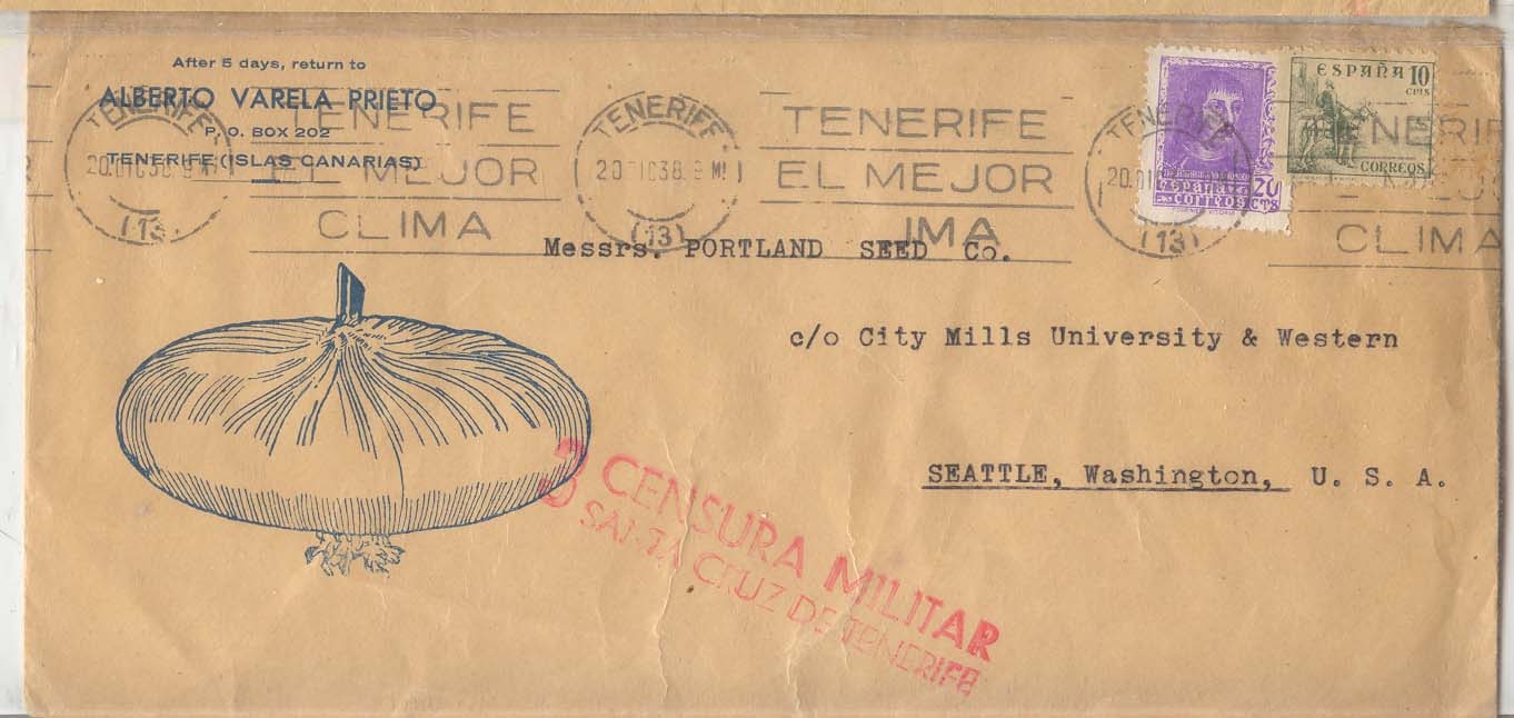 Spain spanish vivil war censor 1938 Canary Islands Onion cachet (vegetaux legume espana espagne)