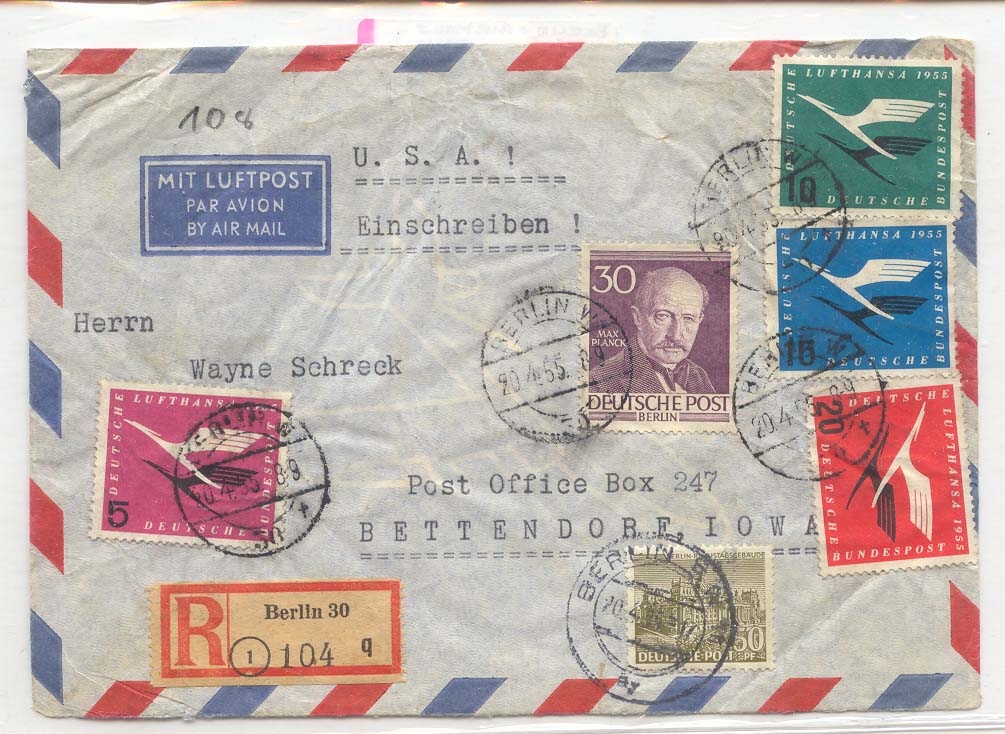 Germany Berlin 1955 air mail cover to US Scarce (allemagne avions lettre)