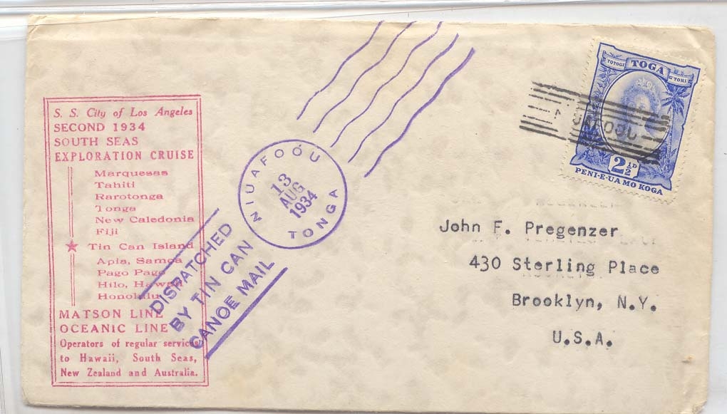 Tonga Tin can Mail 1934 Fidji Cover to US (lettre over oceania Fiji ) Scarce