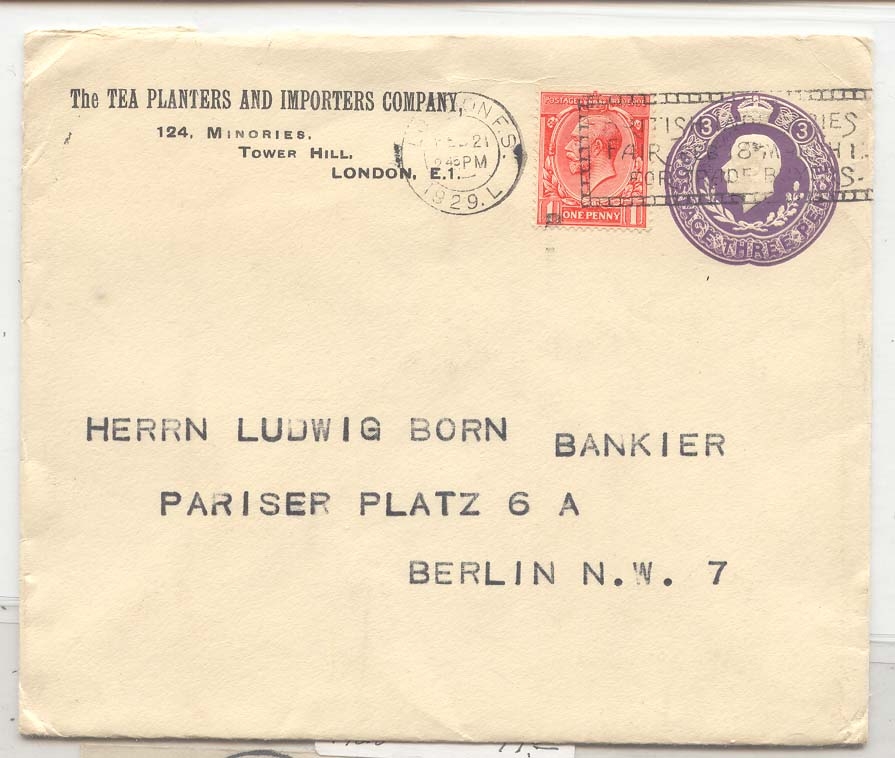 Great Britain PTPO The Tea planters and importers company H&G KB 44 used 1929 to Germany (entier postal stationary)