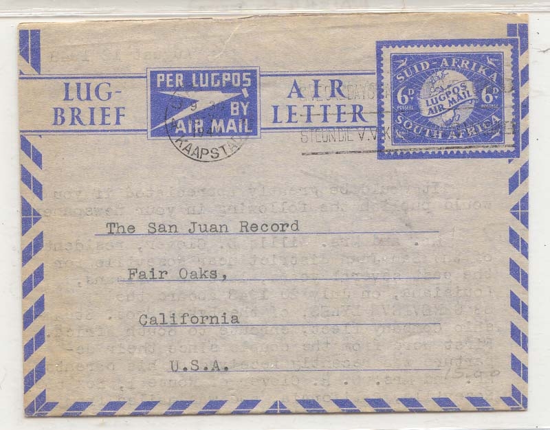 South Africa aerogramme aerogram AlS 7 to US (entier postal stationary afrique du sud) Scarce