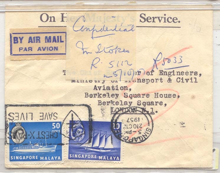 1957 Singapore air to London with official M/S seal CONFIDENTIAl (entier postal stationary Singapour)