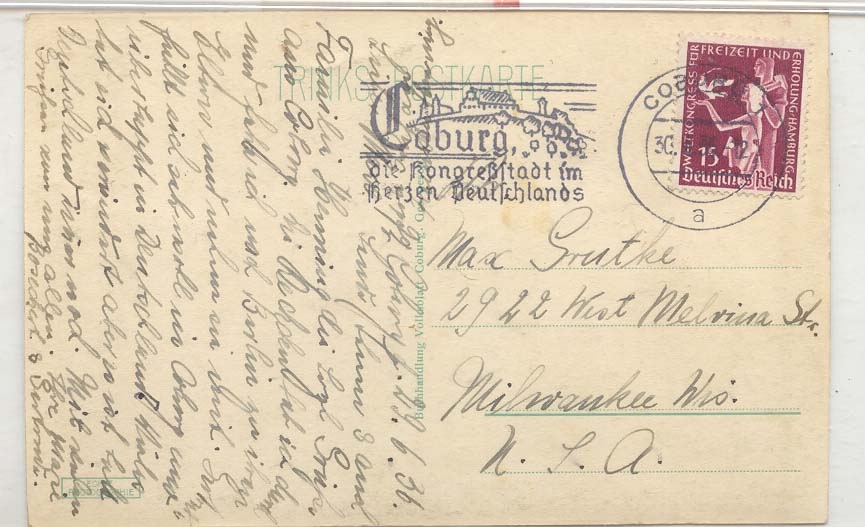 Germany Solo use Michel 623 1936 on card (lettre cover)