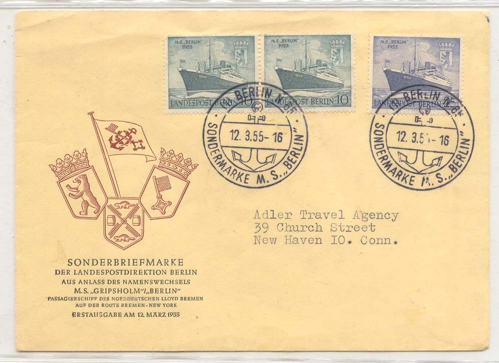 Allemagne FDC with special cancel 113-4 Bateaux Ships Germany 12 3 1955