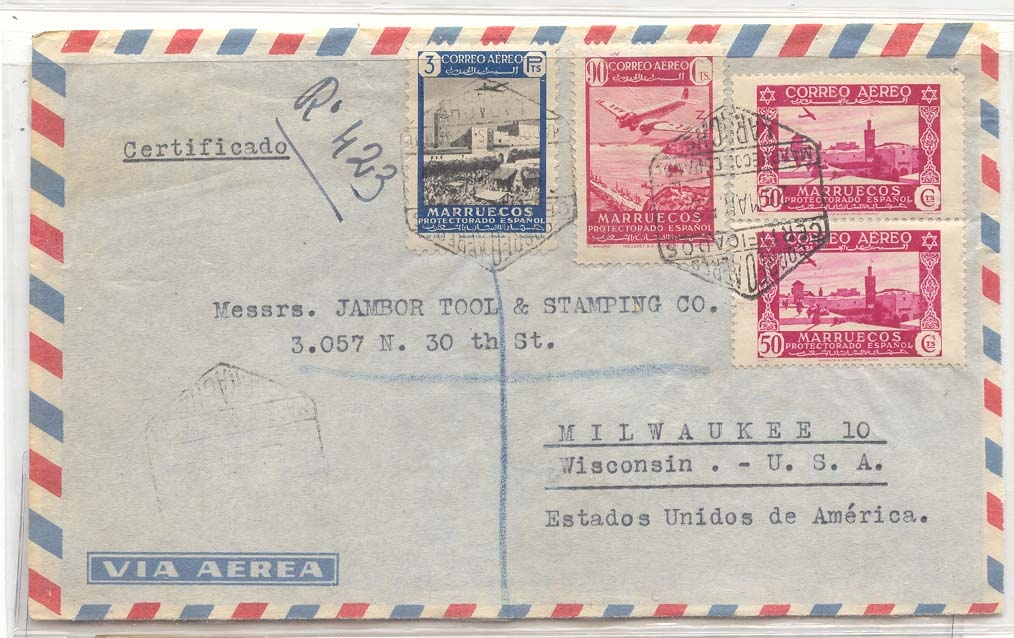 Spanish Morocco 1952 commercial cover air mail registered (lettre cover Maroc)