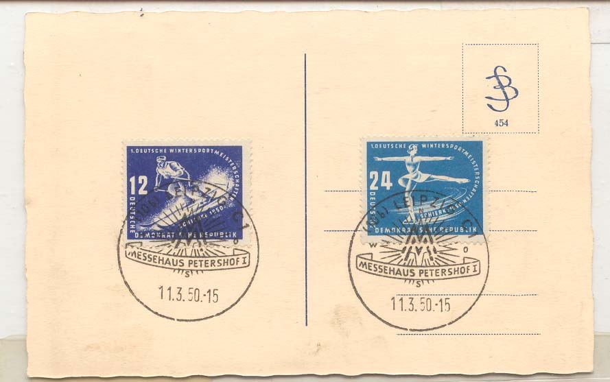 East germany DDR winter sport on card Messehaus Petersof 11 3 50 (ski ice skating)