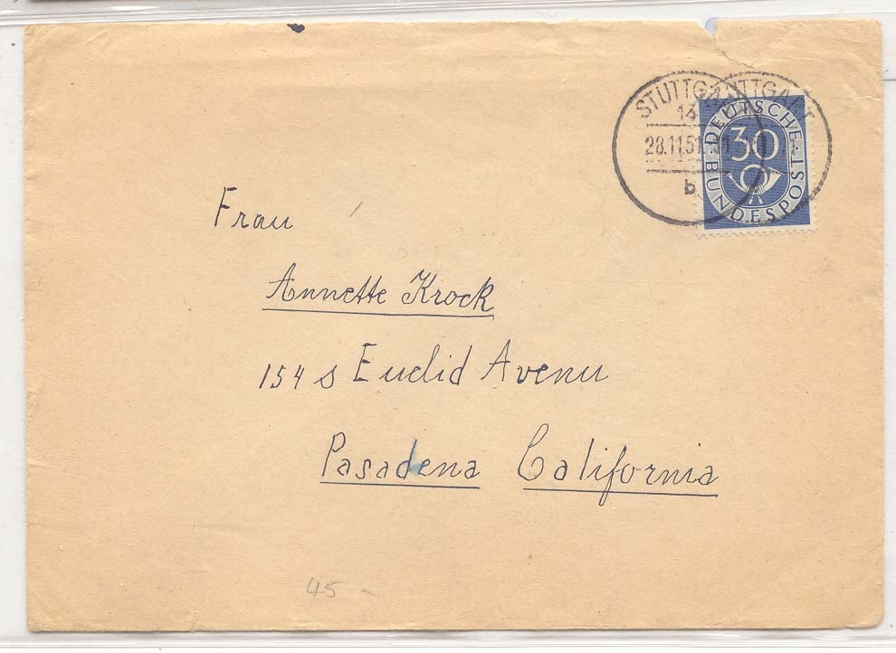 Germany 30 pfg to California 28 11 1951 (lettre cover)