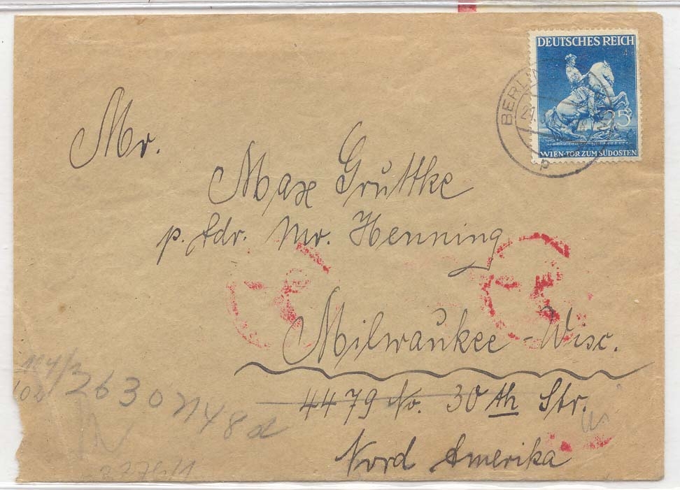 Germany 1941 Mi 771 on cover censor on back (lettre cover Wien tor zum Sudposten stamp horse cheval)