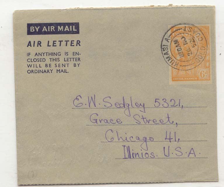 Gold Coast AlS 3 1954 to US aerogram aerogramme MINT (entier postal stationary Cote d'Or)