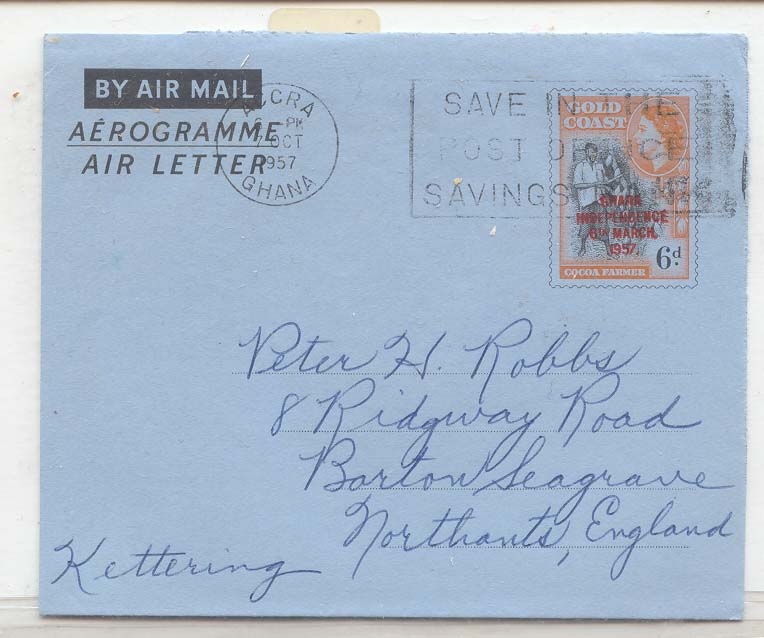 Gold Coast aerogram aerogramme used in 1957 to England(entier postal stationary Cote d´Or)