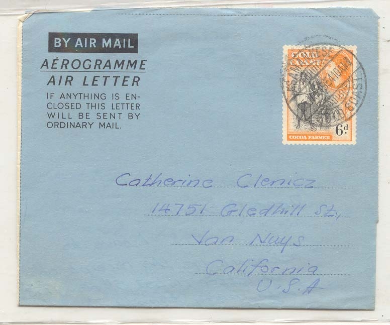 Gold Coast AlS 3 1954 to US aerogram aerogramme MINT (entier postal stationary Cote d'Or)