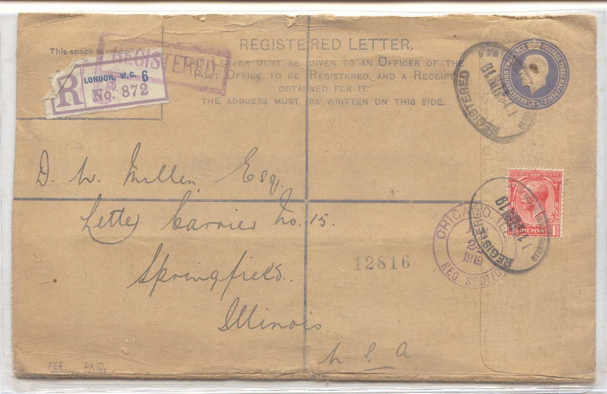 Great Britain 1919 registered stationary to US (entier postal)