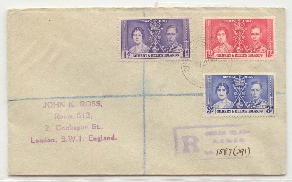 Gilbert & Ellice Islands Coronation set on registered mail 1938 (lettre)