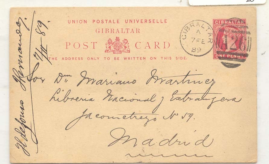 Gibraltar 1889 #4 used to Spain (entier postal stationary)