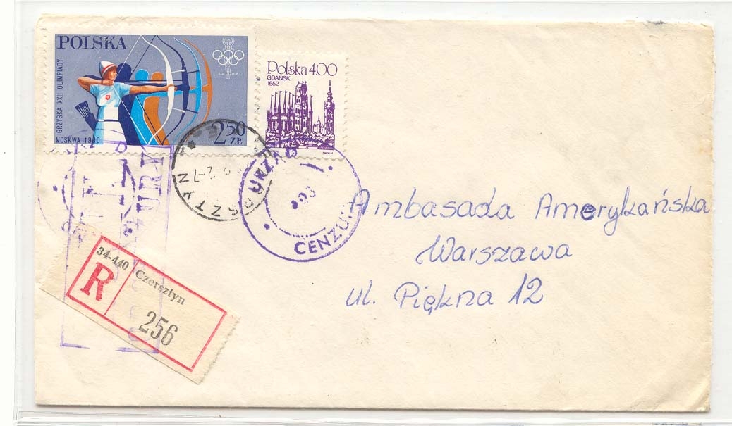 Poland Registered Solidarity Period Government censor (timbre Tir a l'arc Pologne censure)